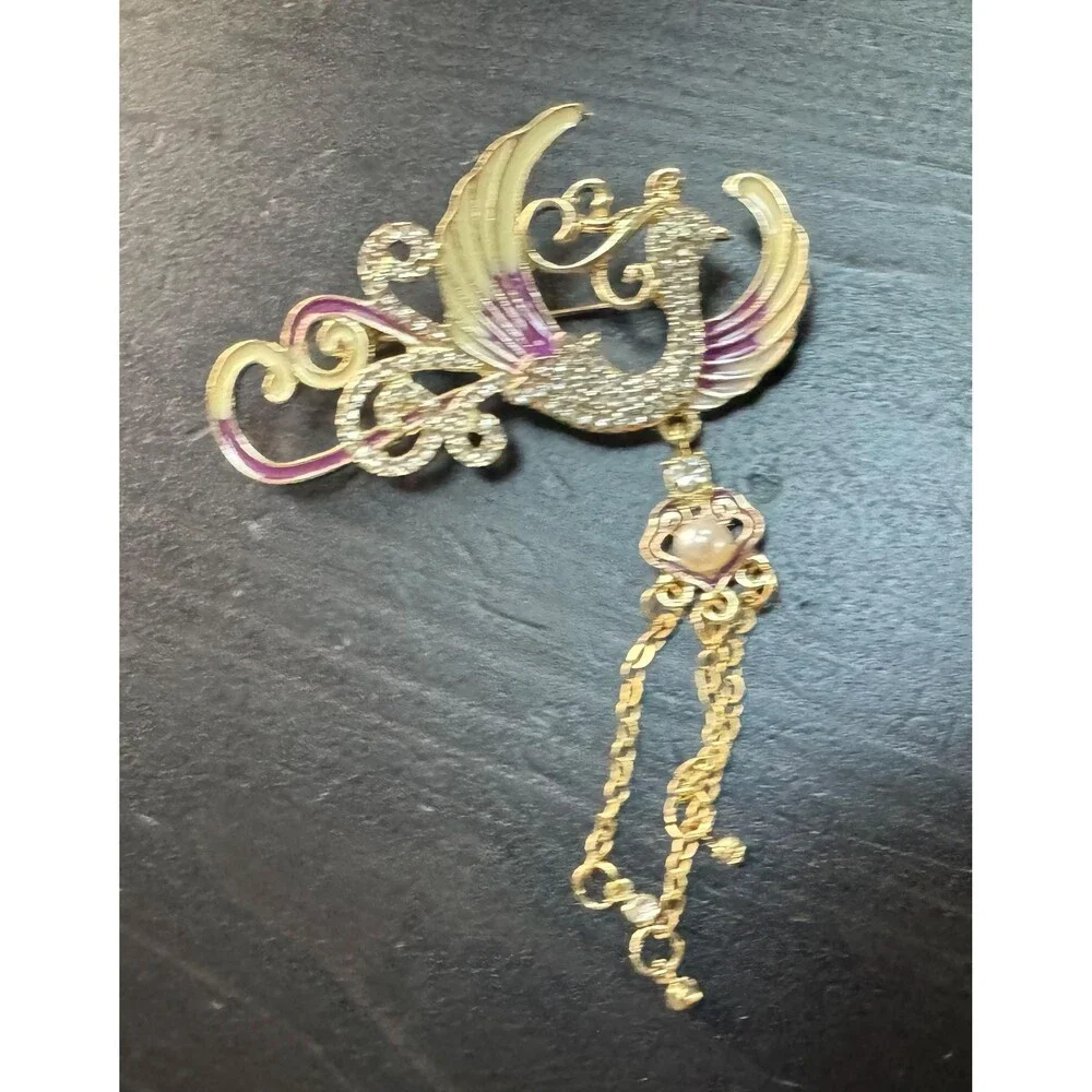 Vintage Cream Purple Phoenix Bird Gold Tone Dangle Brooch Pin B38